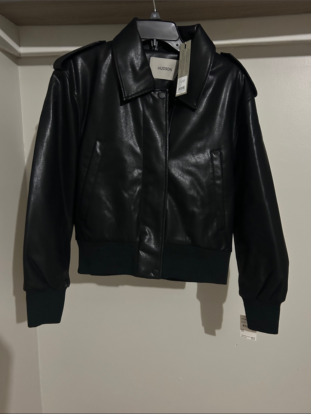 Aviator Hudson Jeans Black Faux Leather Bomber with Ribbed Trim